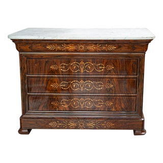 Antique Charles X French Chest of Drawers in Walnut Burl with a White Statuary Marble Top, 19th Century For Sale