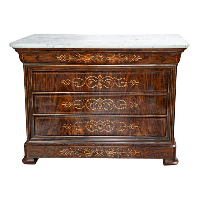 Antique Charles X French Chest of Drawers in Walnut Burl with a White Statuary Marble Top, 19th Century For Sale