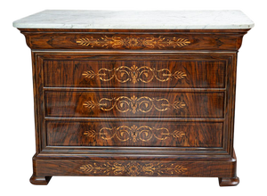 Antique Charles X French Chest of Drawers in Walnut Burl with a White Statuary Marble Top, 19th Century