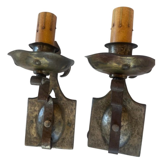 1920 Iron and Brass Lightly Hammered Sconces With Fleur De Lis - a Pair For Sale In Los Angeles - Image 6 of 7
