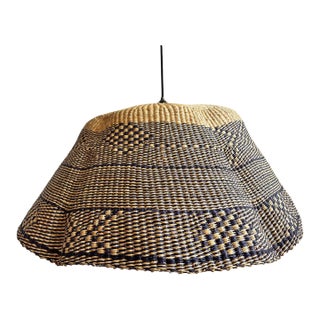 Navy & Natural Bolga Wave Basket Pendant Light For Sale