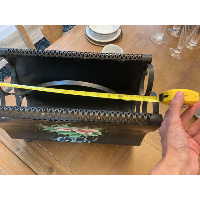 Vintage Hand-Painted Floral Tôleware Magazine Rack With Reticulated Trim For Sale In Chicago - Image 6 of 9
