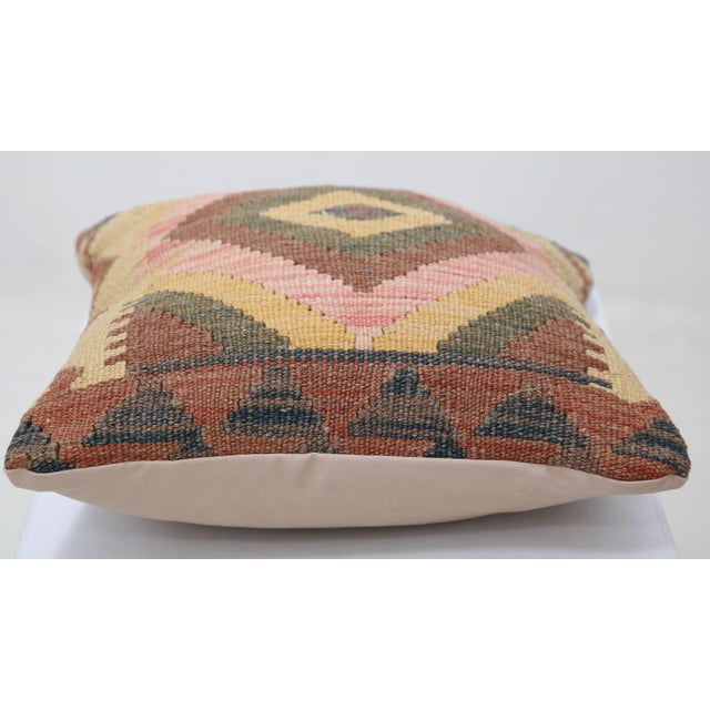Tribal Arteverk Handwoven Afghan Kilim Pillow — Gold & Pink Diamond Medallion For Sale - Image 3 of 3
