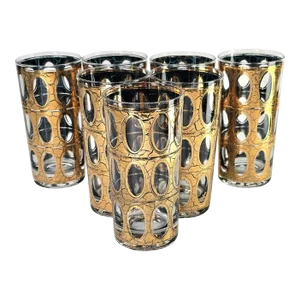 Culver Piza Skyball Highball Glasses Gold Crackle Tumbler Set of 7