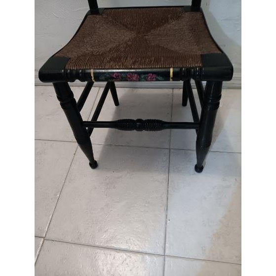 Antique Wood Black Color Chair Straw Seat With Painted Flower For Sale In Naples, FL - Image 6 of 6