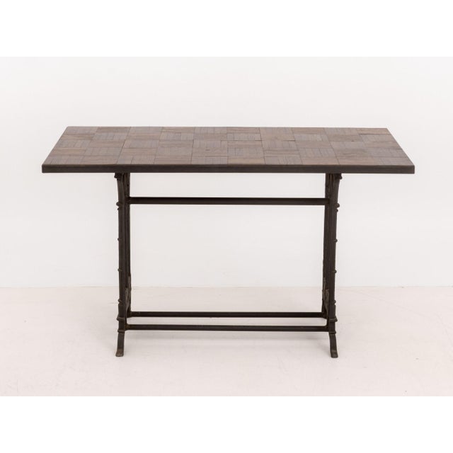 Gothic Style Oak Parquetry Patchwork Table, on pointed arch cast iron base. 28" H x 47" W x 23.5" D. Provenance: From a...