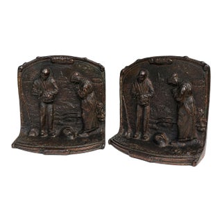 Vintage Cast Iron “The Angelus” Bookends After Jean-François Millet – Pair With Original Bronzed Finish For Sale