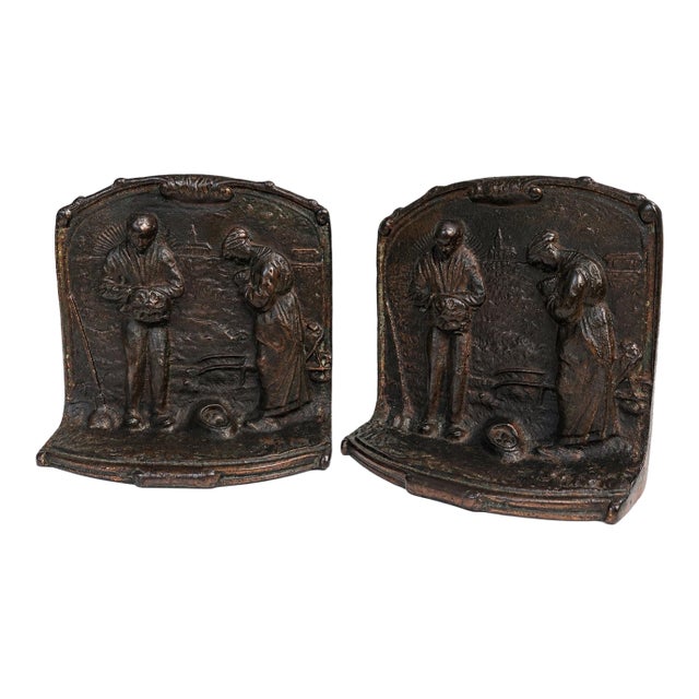 Vintage Cast Iron “The Angelus” Bookends After Jean-François Millet – Pair With Original Bronzed Finish For Sale
