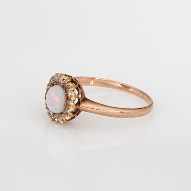 Late 19th Century Late 19th Century Antique Victorian Ring Opal Rose Cut Diamond Cluster 10k Yellow Gold Pinky Halo, Size 5.5 For Sale - Image 5 of 6