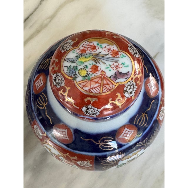 Ink Blue Vintage Japanese Imari Fine Porcelain Ginger Jar Set - 2 Pieces For Sale - Image 8 of 18