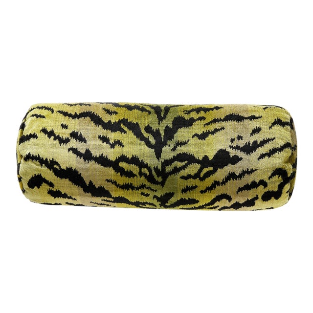 The House of Scalamandré Tigre Bolster Pillow, Greens & Black For Sale