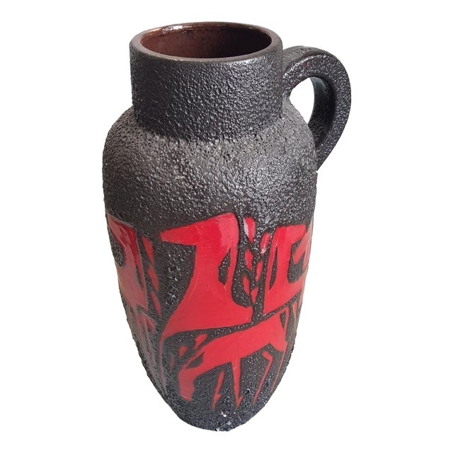 Fat Lava Floor Vase with Horses in Red and Black from Scheurich Keramik, 1970s For Sale
