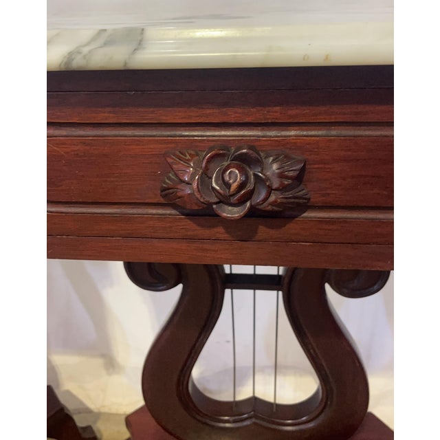 Victorian Antique American Empire Style Mahogany Lyre Parlor Tables With Distinct Italian Marble Tops - A Pair For Sale - Image 3 of 10