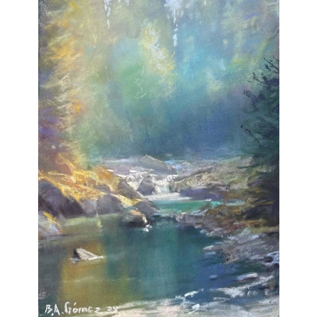 This pastel artwork captures a serene moment along a waterway in the Olympic Peninsula, where soft hues blend to create a...