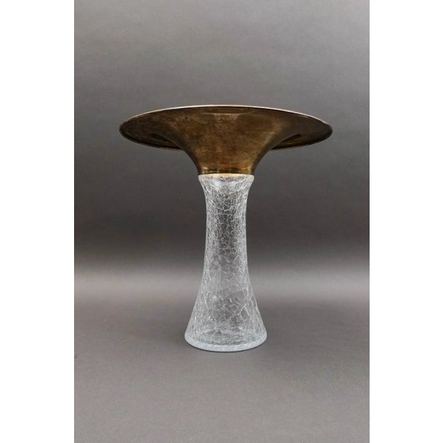 VIETRI Mid 20th Century Vetri Murano Italy Signed Flared Sterling Silver Rim Crackle Glass Vase For Sale - Image 4 of 8