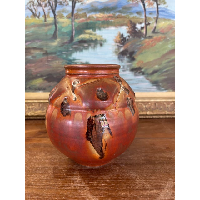 Abstract Vintage Studio Pottery Vase With Carved Abstract Glaze Accents in Burnt Umber and Ochre Tones For Sale - Image 3 of 10