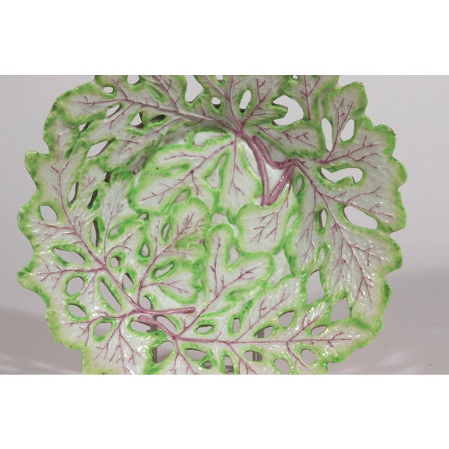 1755 Longton Hall Porcelain Openwork Leaf Dishes, Pair, Green and Puce, Staffordshire For Sale - Image 10 of 12