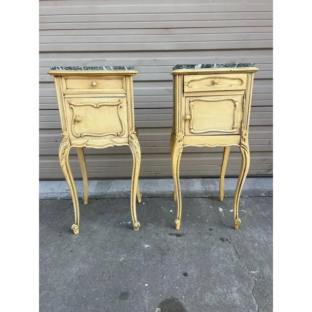 Pair Louis XV Style Enamel Painted Marble Top Side Tables Circa 1900 For Sale - Image 4 of 13