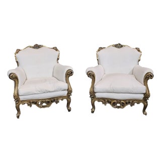 Early 20th Century Pair Italian Rococo Style Giltwood Armchairs Cream Colored Muslin Fabric For Sale