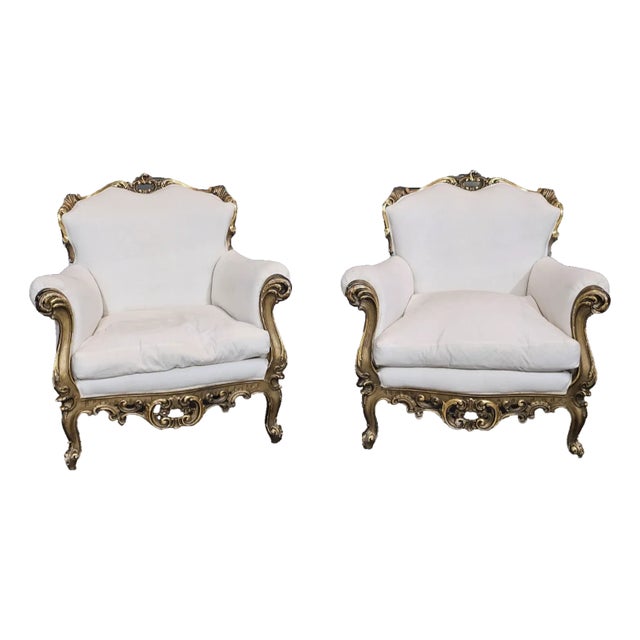 Early 20th Century Pair Italian Rococo Style Giltwood Armchairs Cream Colored Muslin Fabric For Sale