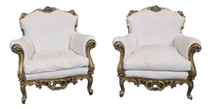 Early 20th Century Pair Italian Rococo Style Giltwood Armchairs Cream Colored Muslin Fabric