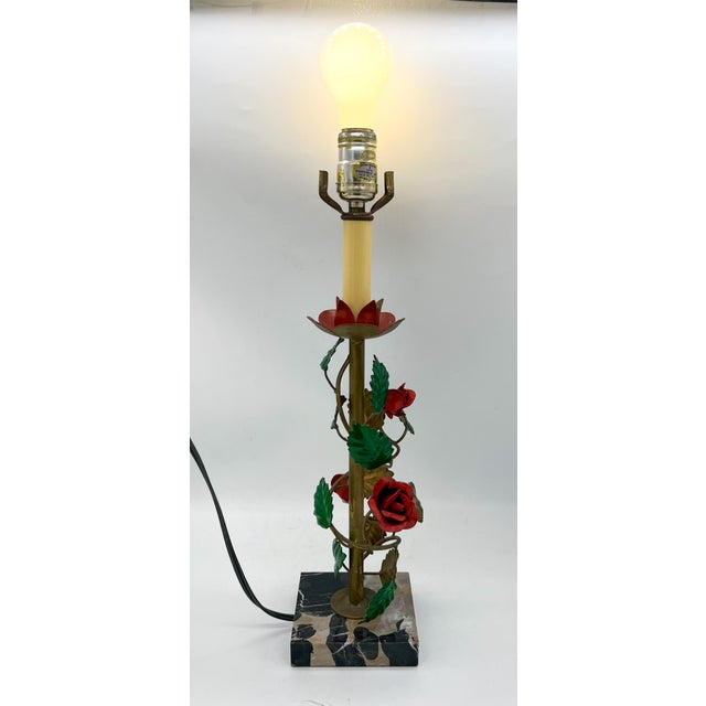 Vintage Floral Tole Table Lamp With Marble Base - Hollywood Regency, Cottagecore, Italian Style For Sale - Image 13 of 13