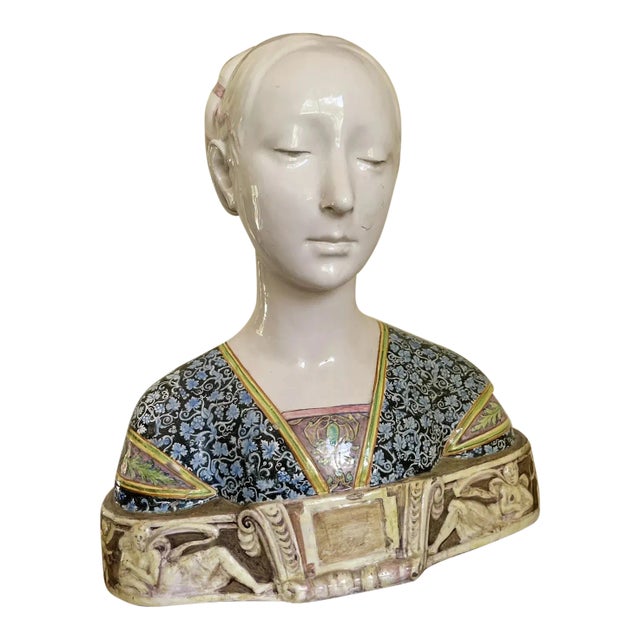 Late 19th Century Antique Angelo Minghetti Majolica Italian Woman Bust After Francesco Laurana For Sale