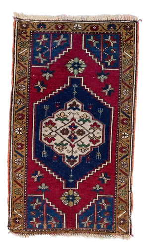 Small Vintage Turkish Red & Blue Wool Rug