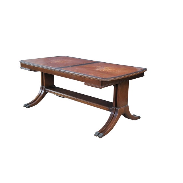 English Mid 20th Century Duncan Phyfe Mahogany Tooled Leather Extendable Coffee Table 40-64" For Sale - Image 3 of 13