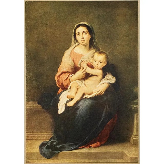 An excellent antique reproduction print in full color of painting "The Virgin With the Child" by Spanish Baroque painter...