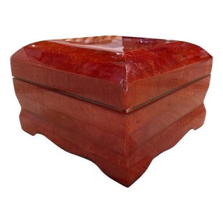 Vintage Red Lacquer Decorative Box With Scalloped Footed Base For Sale