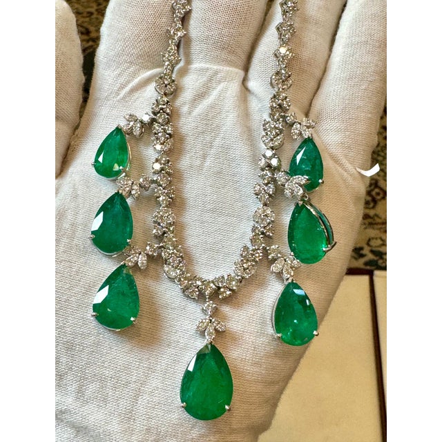 GIA Certified Pear Zambian Emerald & Diamond Bridal Drop Necklace 14 Kt Gold For Sale - Image 17 of 18