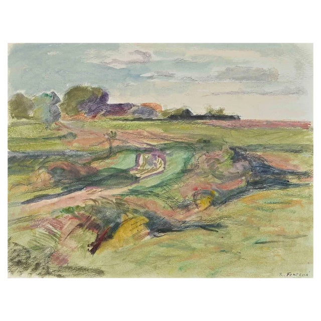 Robert Fontene, The Meadow, Original Watercolor & Pastel Drawing, Mid-20th Century For Sale