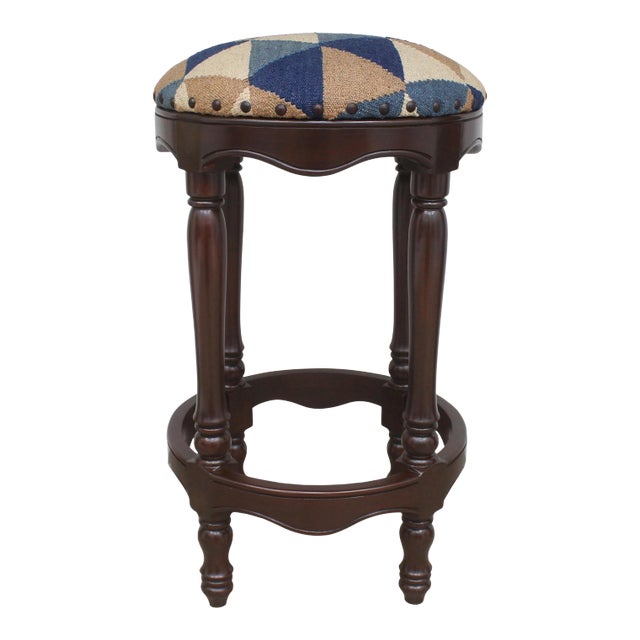 Shabby Chic Tribal Kilim Wood Bar Stool Jeffrey 18"x18"x32" For Sale