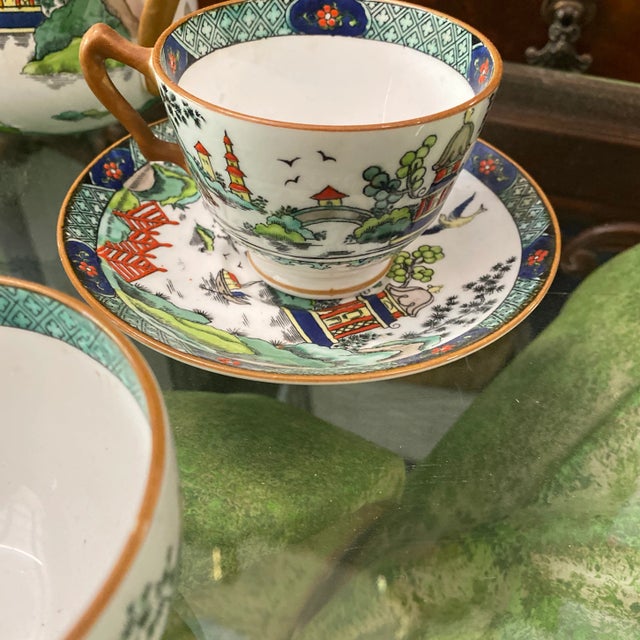 Plates are 1 inch in height six in depth and width. Tea cups are 2.5 in height and 3.5 in width and depth. Beautiful tea...