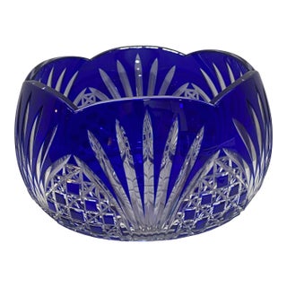 Vintage Cobalt Blue Cut-to-Clear Crystal Bowl, Bohemian Style, Scalloped Rim For Sale