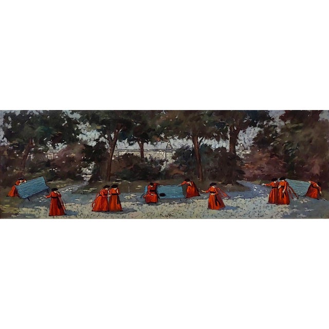 1950s Nino Caffe "10 Cardinals Playing in the Garden" Oil Painting For Sale - Image 5 of 14