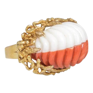 1960s Modernist Carved Two-Tone Coral Stylized Gold Ring size 7