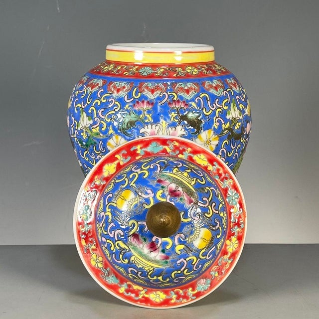 Art Deco Famille Rose Blue Ground Floral Porcelain Ginger Jar With Gilt Finial For Sale - Image 3 of 8