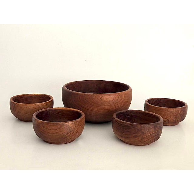 Mid-Century Modern 1970s Hand Turned Teak Wood Set of Bowls, 5 Pieces For Sale - Image 3 of 11