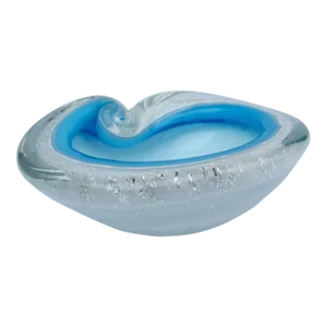 C.1960's Italian Hand-Blown Alfredo Barbini Cerulean Blue, White and Clear Decorative Bowl With Silver Leaf Inclusions
