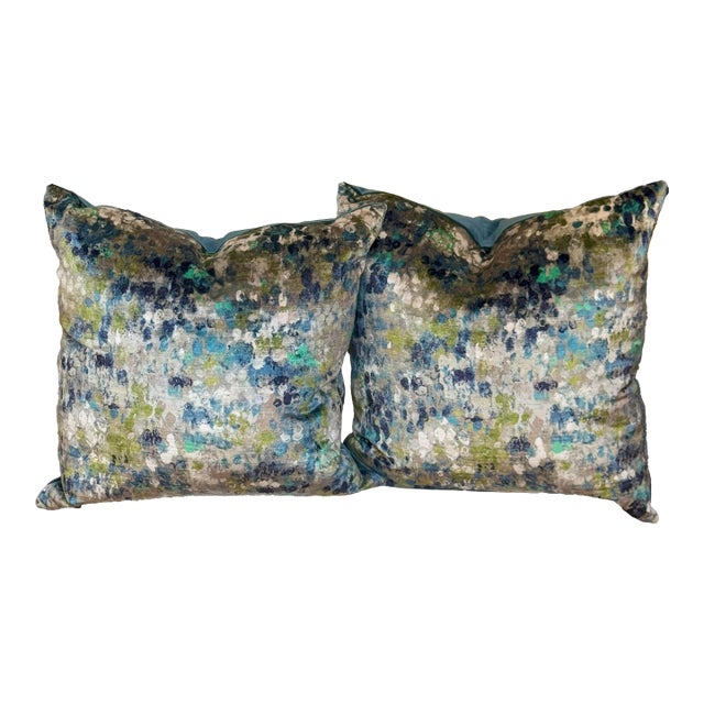 Pair of Feather and Down Blue and Green Abstract Pillows For Sale