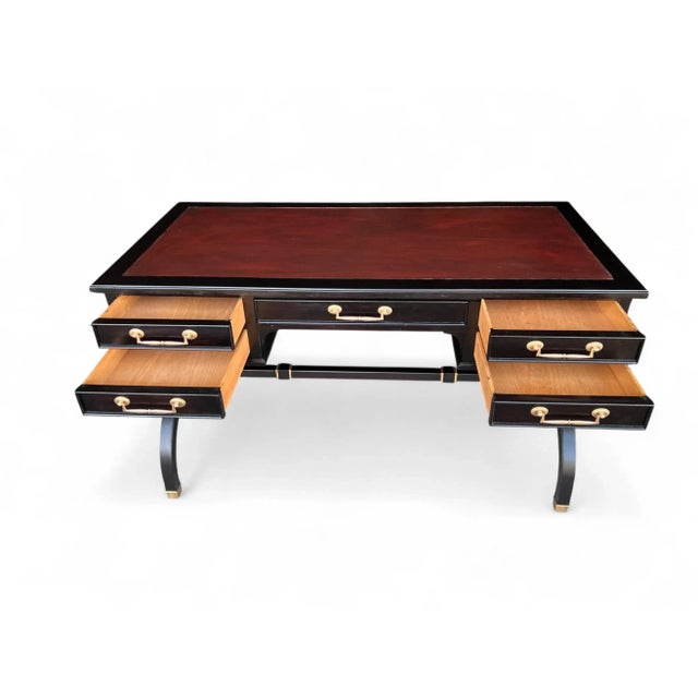 Mid 20th Century Hollywood Regency Ebonized Desk With Cognac Leather Top by Sligh-Lowry For Sale - Image 17 of 17