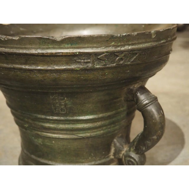 Heavy 16th Century French Bronze Mortar With Handles, Dated 1587, 109 Lbs For Sale - Image 10 of 12