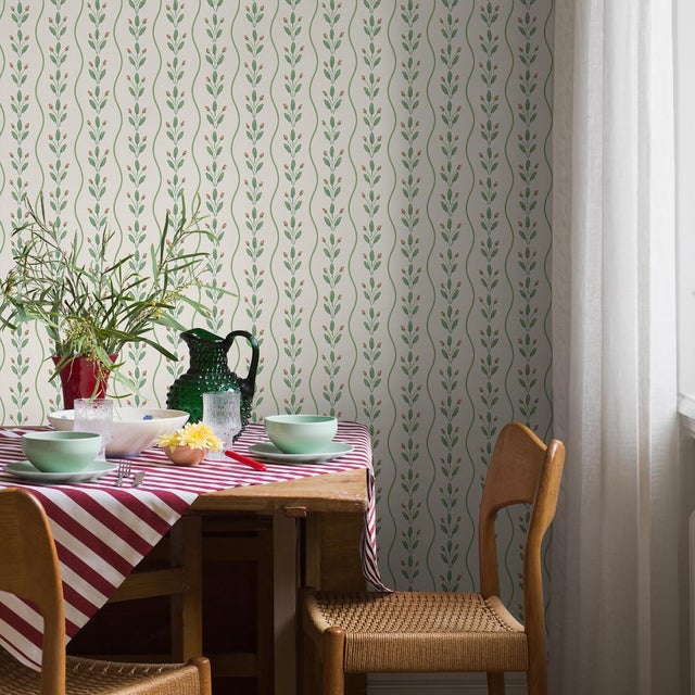 English Boråstapeter Flower Buds Wallcovering In Green For Sale - Image 3 of 5