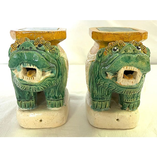 Mid 20th Century Mid 20th Century Glazed Pottery Foo Dog Pedestals Made in Hong Kong- a Pair For Sale - Image 5 of 12