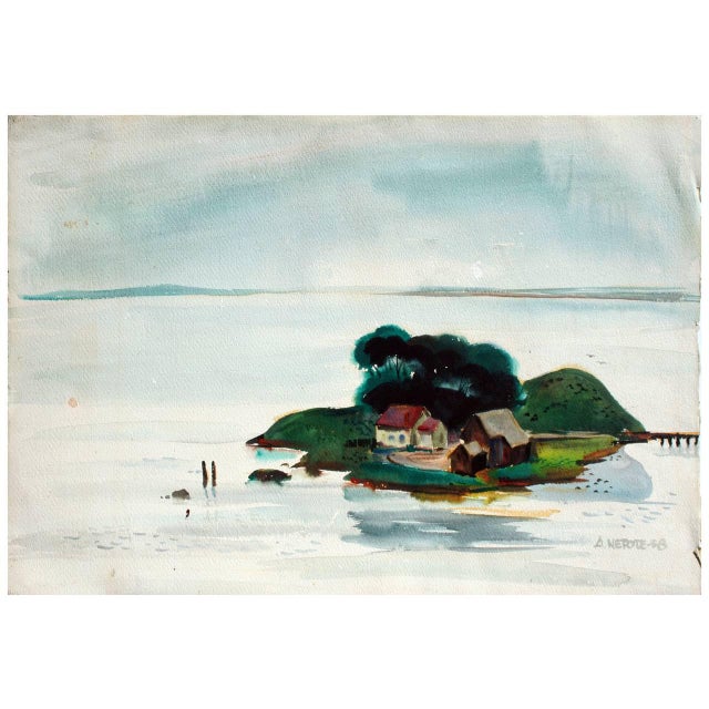 Dark Green Alexander Nepote "Island in the San Francisco Bay" Watercolor Landscape 1938 For Sale - Image 8 of 8