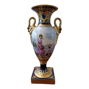 Mid 19th Century Antique Royal Vienna Porcelain Swan Vase Gold Overlay