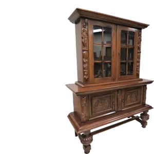 Vintage French Carved Bruegel Style Two Piece China Cabinet With Acorn Feet