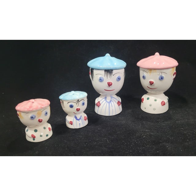Vintage Boy & Girl Egg Cups Salt Pepper Shakers Japan Kitsch 1950 Fun Set Blue Pink - Set of 4 For Sale - Image 9 of 12